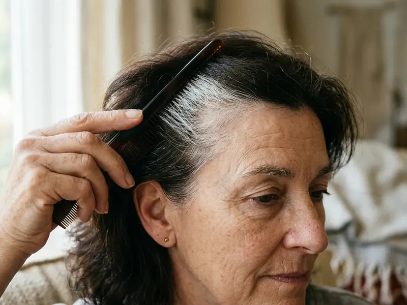 A comb lifting dark brown hair at the temple to show a band of coarse white roots