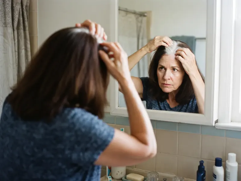 A woman about 60 parting her dark brown hair in a bathroom mirror, revealing a white stripe of regrowth