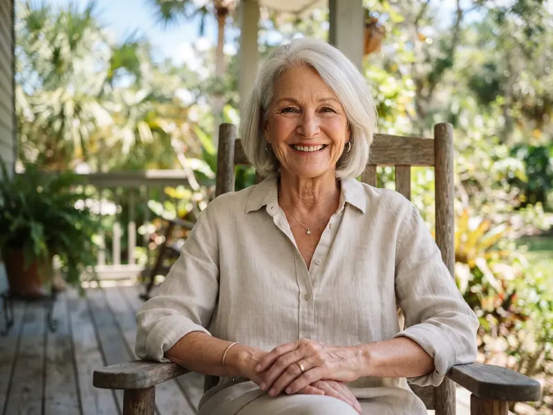 A confident woman about 66 with natural silver hair smiling on a sunny porch