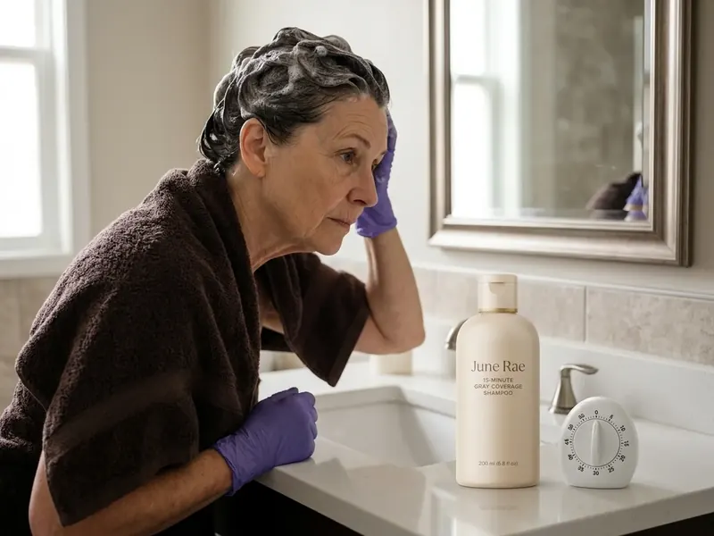 A woman about 65 at her bathroom sink with lather in her hair, a dark towel on her shoulders and a timer next to the June Rae bottle