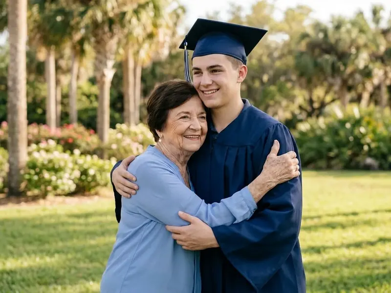 An 84-year-old woman with neat dark brown hair hugging her grandson in a graduation gown outdoors
