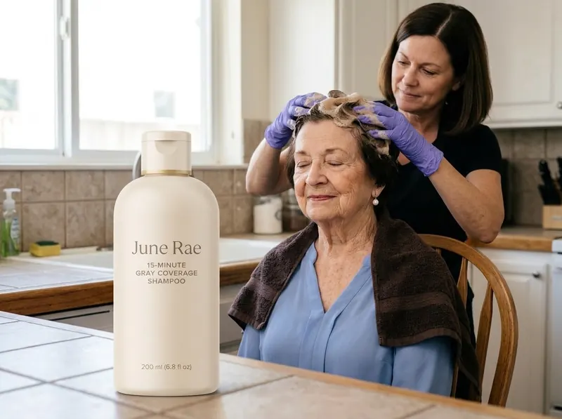 A daughter wearing gloves lathering her elderly mother's hair at a kitchen sink, the June Rae bottle on the counter