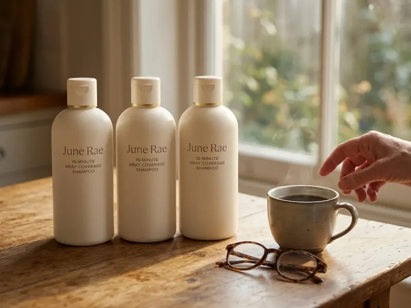 Three June Rae bottles side by side on a wooden kitchen table next to a coffee cup and reading glasses