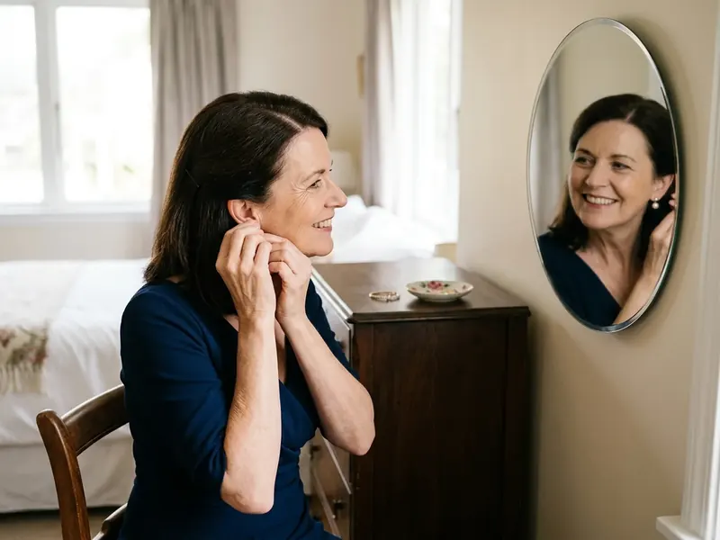 A woman about 62 dressed for a wedding fastening a pearl earring in front of a mirror, her dark brown hair neat at the part